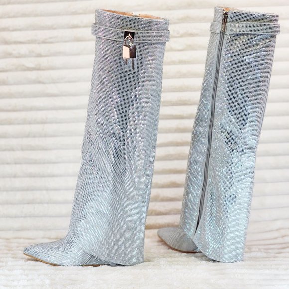 Super Sparkle Sharky Silver Rhinestone Skirted Fold Over Wedge Heel Knee Boots - Picture 4 of 12